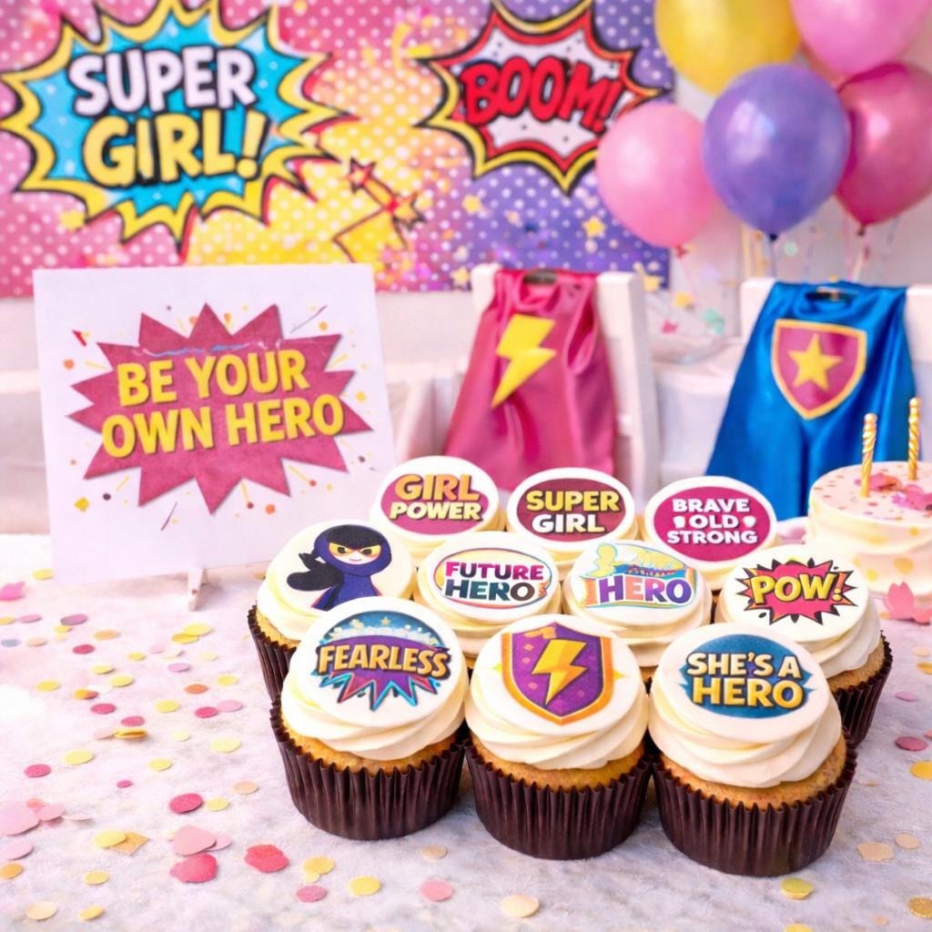 Girl superhero cupcake toppers on edible wafer paper from SugarPrints by Alexis for birthday celebrations.