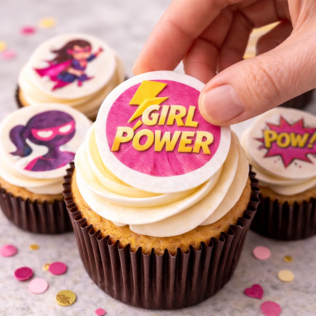 Girl superhero cupcake topper made of edible wafer paper from SugarPrints by Alexis, featuring colorful superhero design.