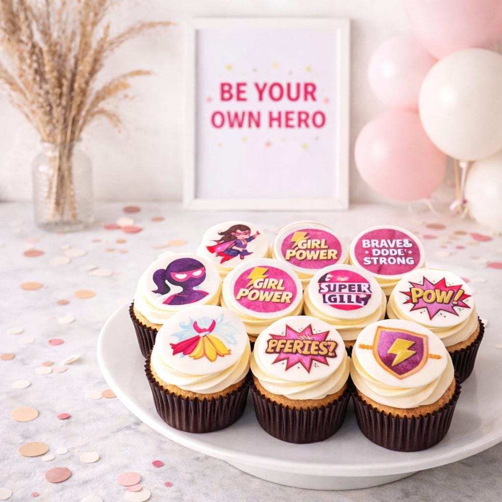Girl superhero cupcake topper on edible wafer paper for birthday cakes, featuring colorful superhero girl design from SugarPrints by Alexis.