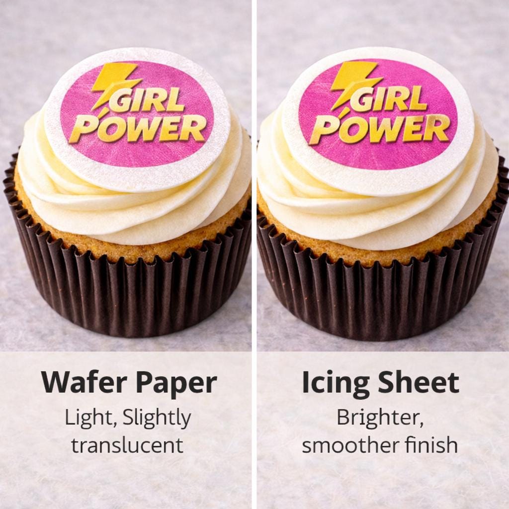 Girl superhero cupcake topper made of edible wafer paper, perfect for birthday cupcakes with colorful superhero design.