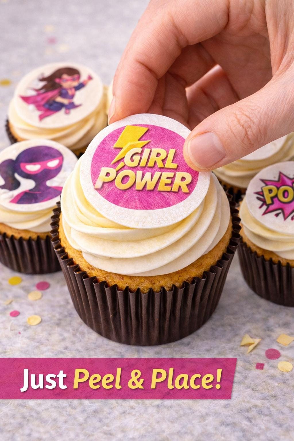 Girl superhero cupcake topper on edible wafer paper by SugarPrints by Alexis, perfect for birthday cupcakes.