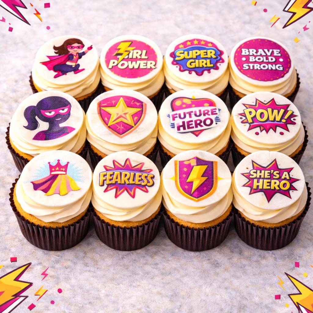Girl superhero cupcake topper made of edible wafer paper from SugarPrints by Alexis, perfect for birthday celebration treats.