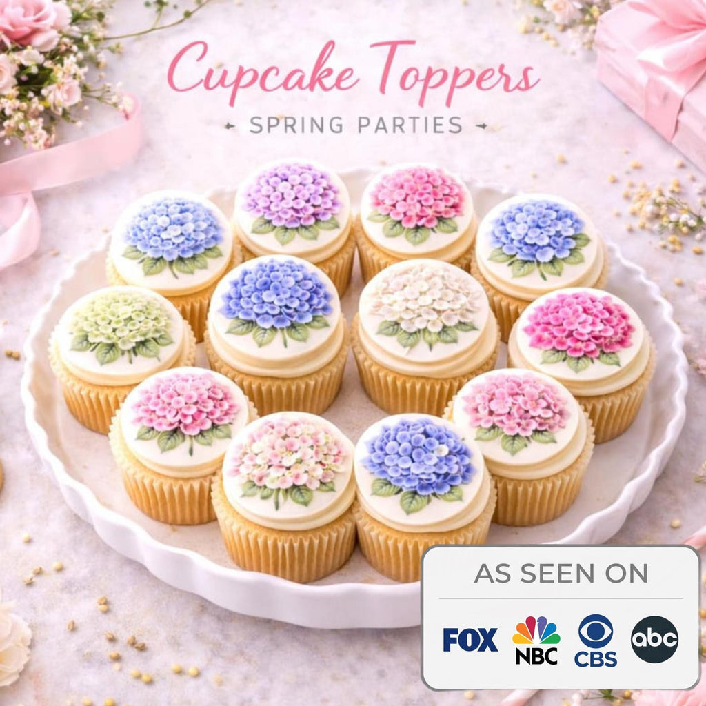 Set of 12 hydrangea watercolor cupcake toppers made of edible wafer paper or frosting sheet by SugarPrints by Alexis.