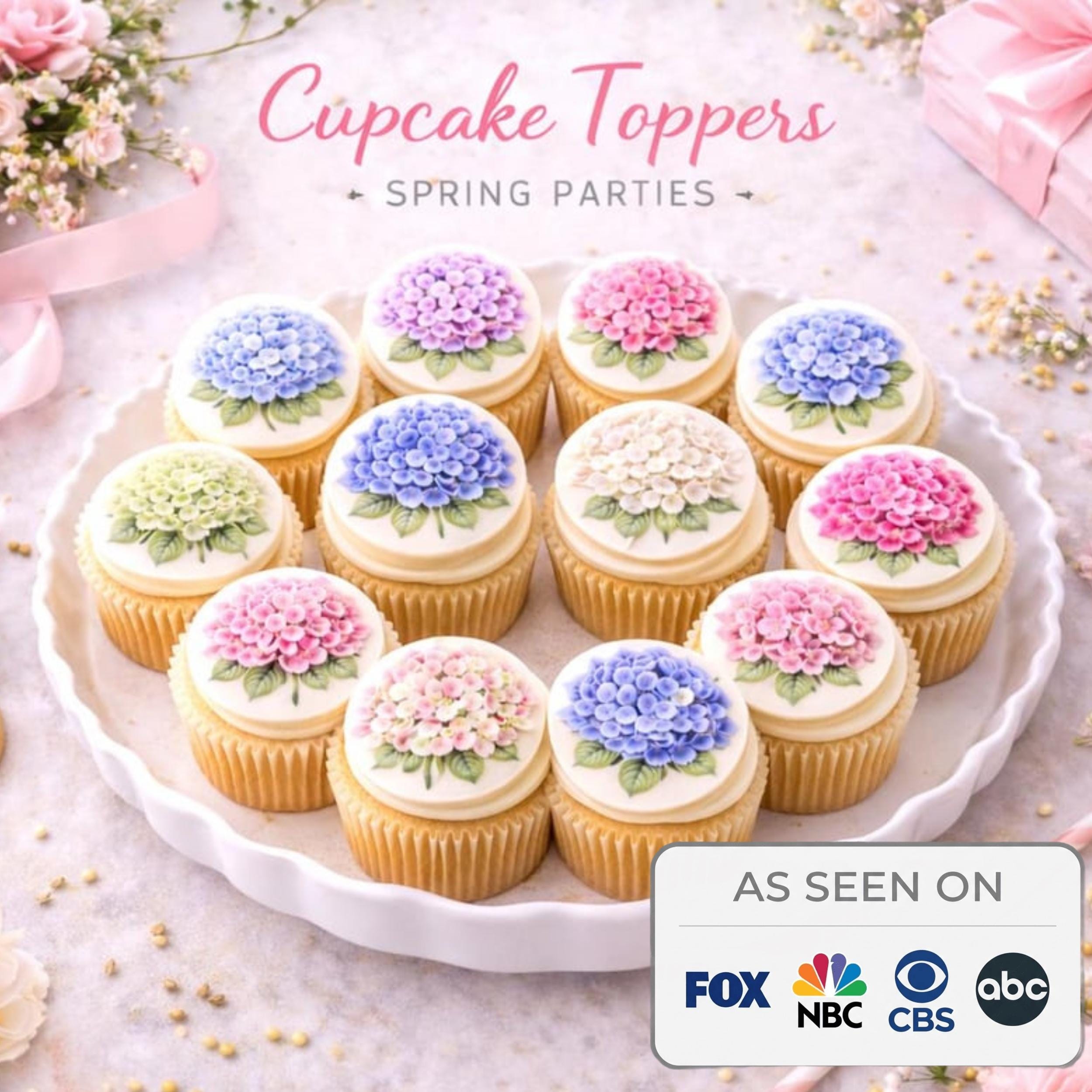 Set of 12 hydrangea watercolor cupcake toppers made of edible wafer paper or frosting sheet by SugarPrints by Alexis.