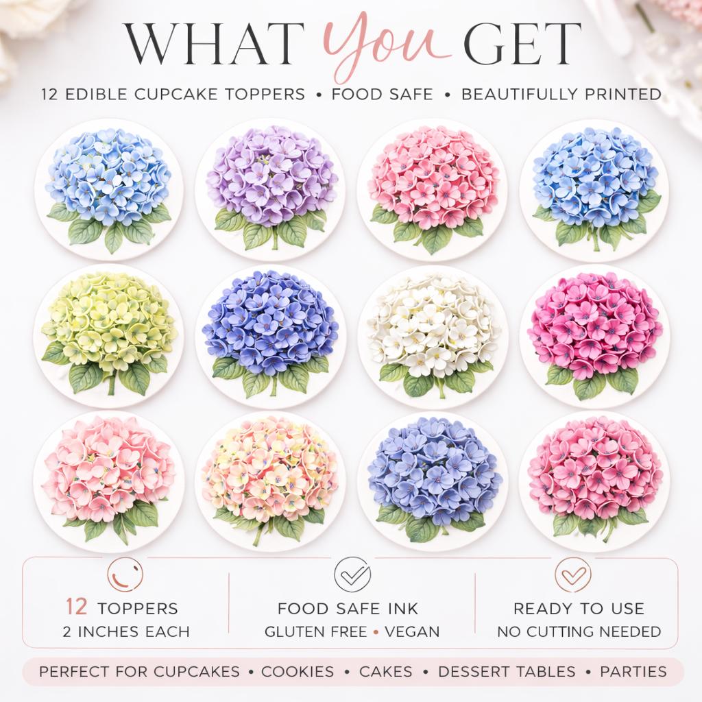 Set of 12 hydrangea watercolor cupcake toppers by SugarPrints, edible wafer paper or frosting sheet decorations for cupcakes.