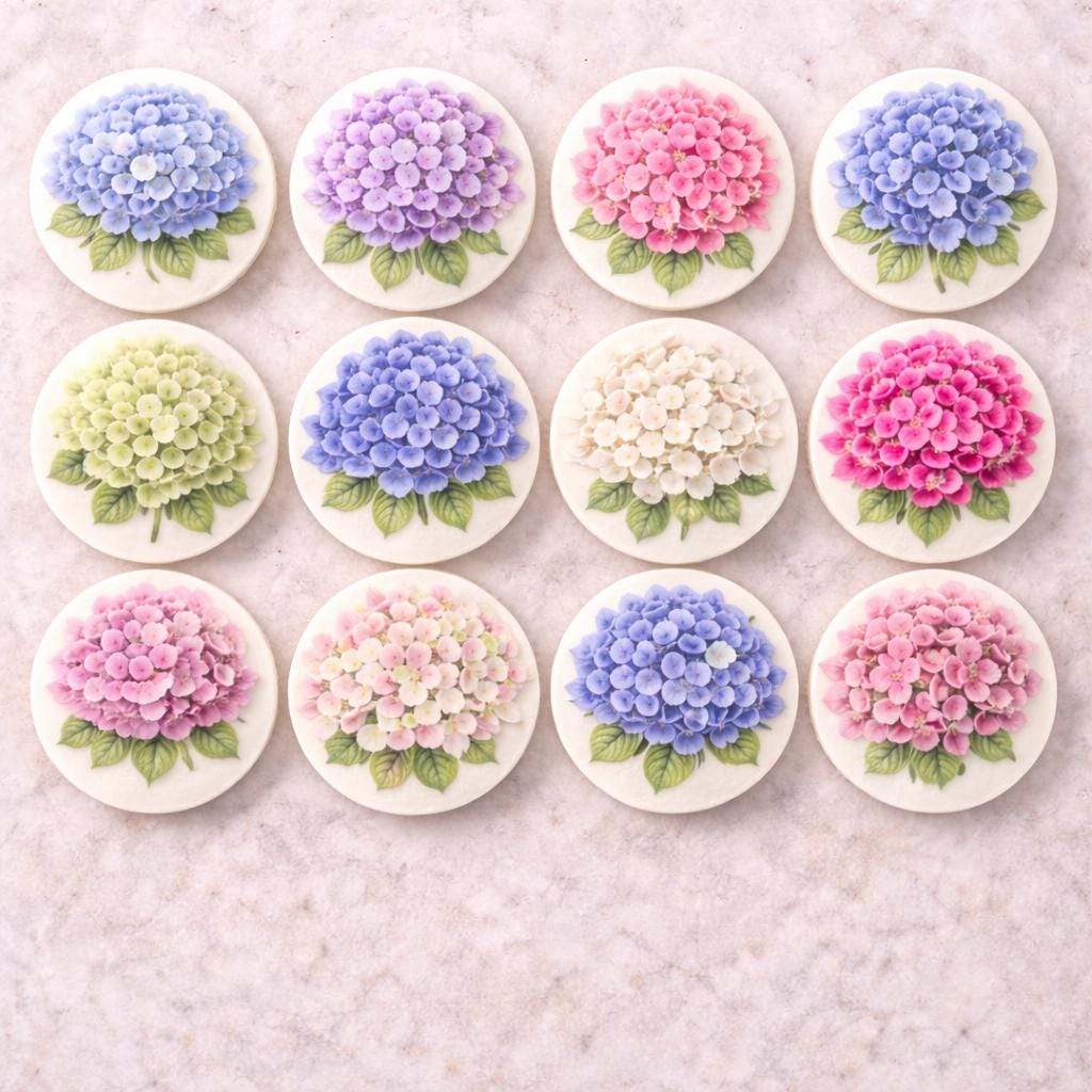 Set of 12 hydrangea watercolor cupcake toppers by SugarPrints, made of edible wafer paper or frosting sheet for decorated cupcakes.