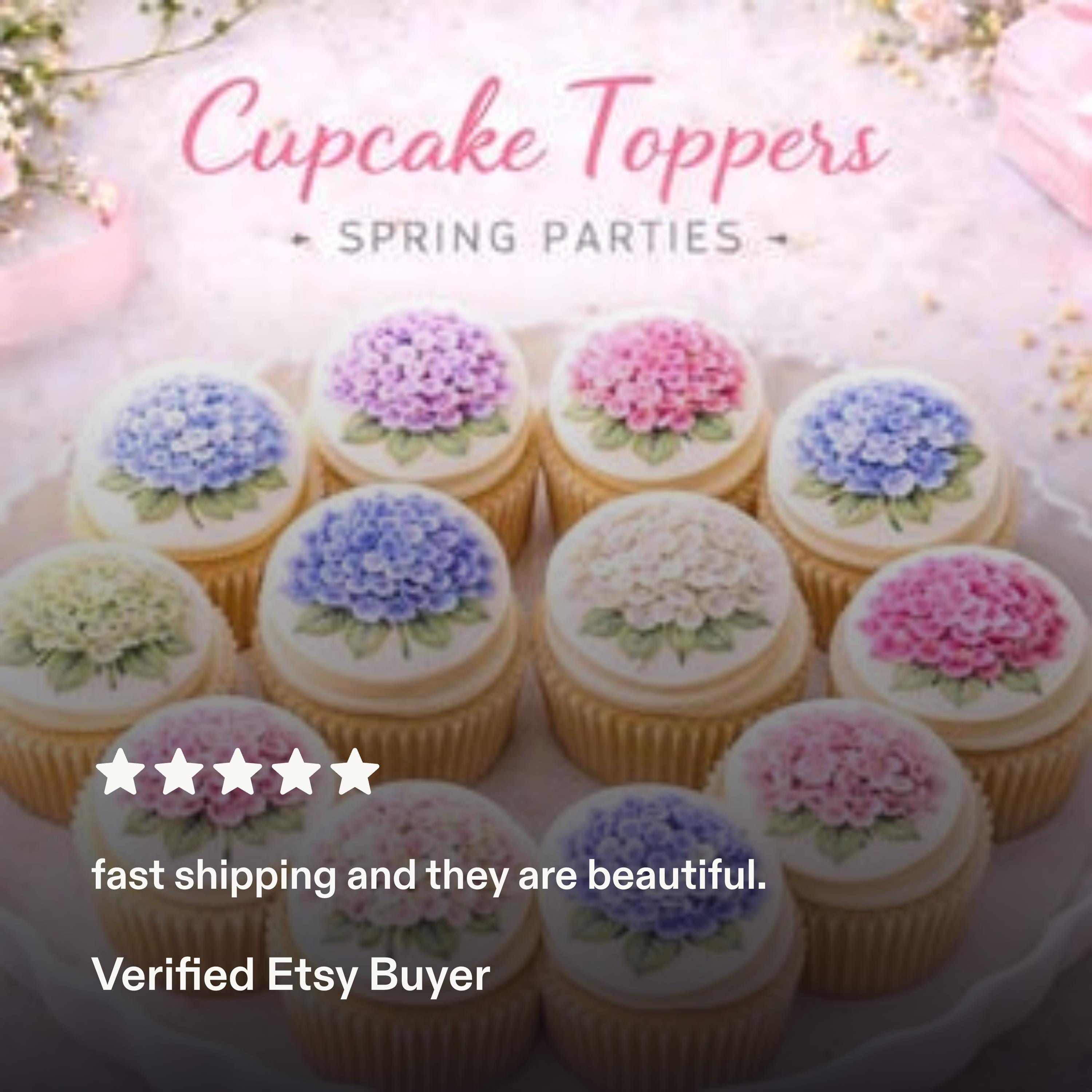 Hydrangea watercolor cupcake toppers by SugarPrints, edible wafer paper or frosting sheet, set of 12 for decorative cupcakes.