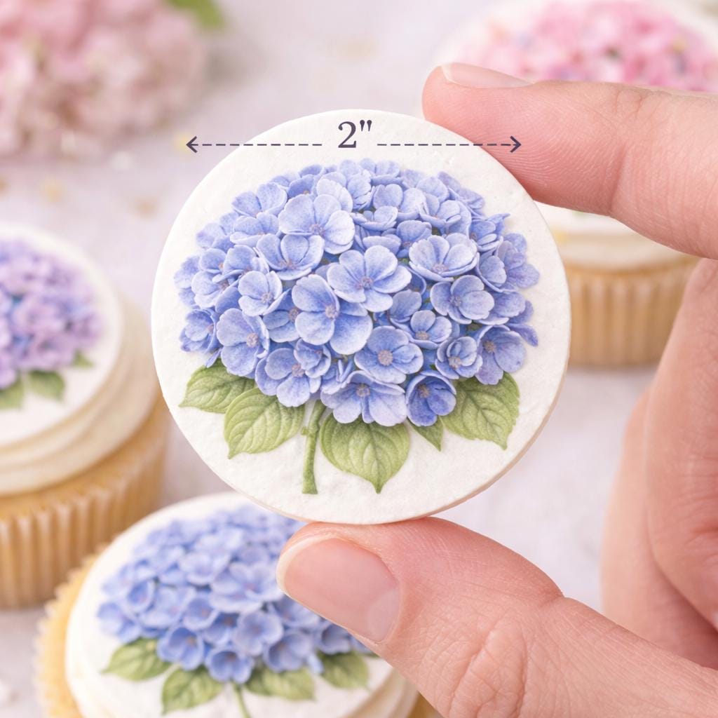 Hydrangea watercolor cupcake toppers by SugarPrints, edible wafer paper or frosting sheet, set of 12 decorations for cupcakes.