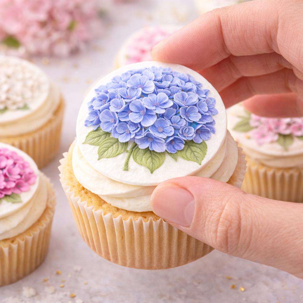 Set of 12 Hydrangea watercolor cupcake toppers by SugarPrints, made from edible wafer paper or frosting sheet for decorative desserts.