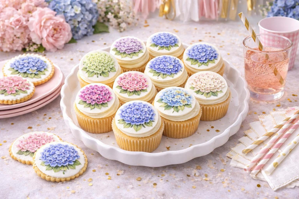 Set of 12 hydrangea watercolor cupcake toppers made from edible wafer paper by SugarPrints by Alexis.