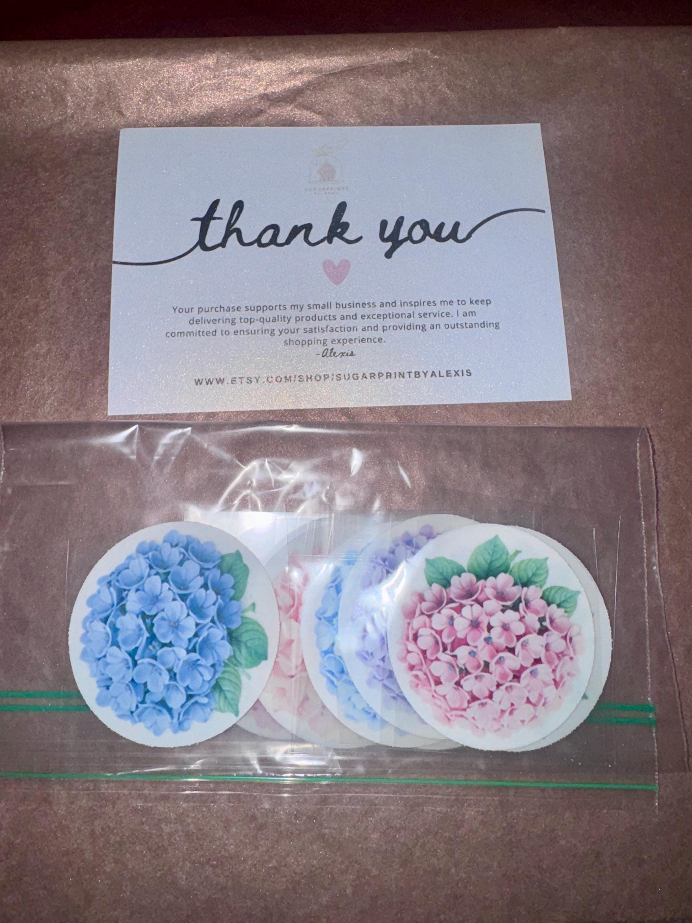 Set of 12 hydrangea watercolor cupcake toppers by SugarPrints on edible wafer paper or frosting sheet for decorative baked goods.