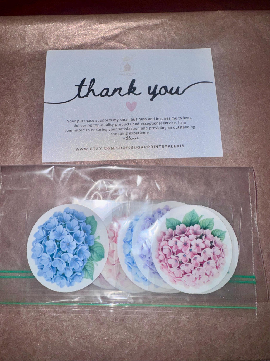 Set of 12 hydrangea watercolor cupcake toppers by SugarPrints on edible wafer paper or frosting sheet for decorated cupcakes.