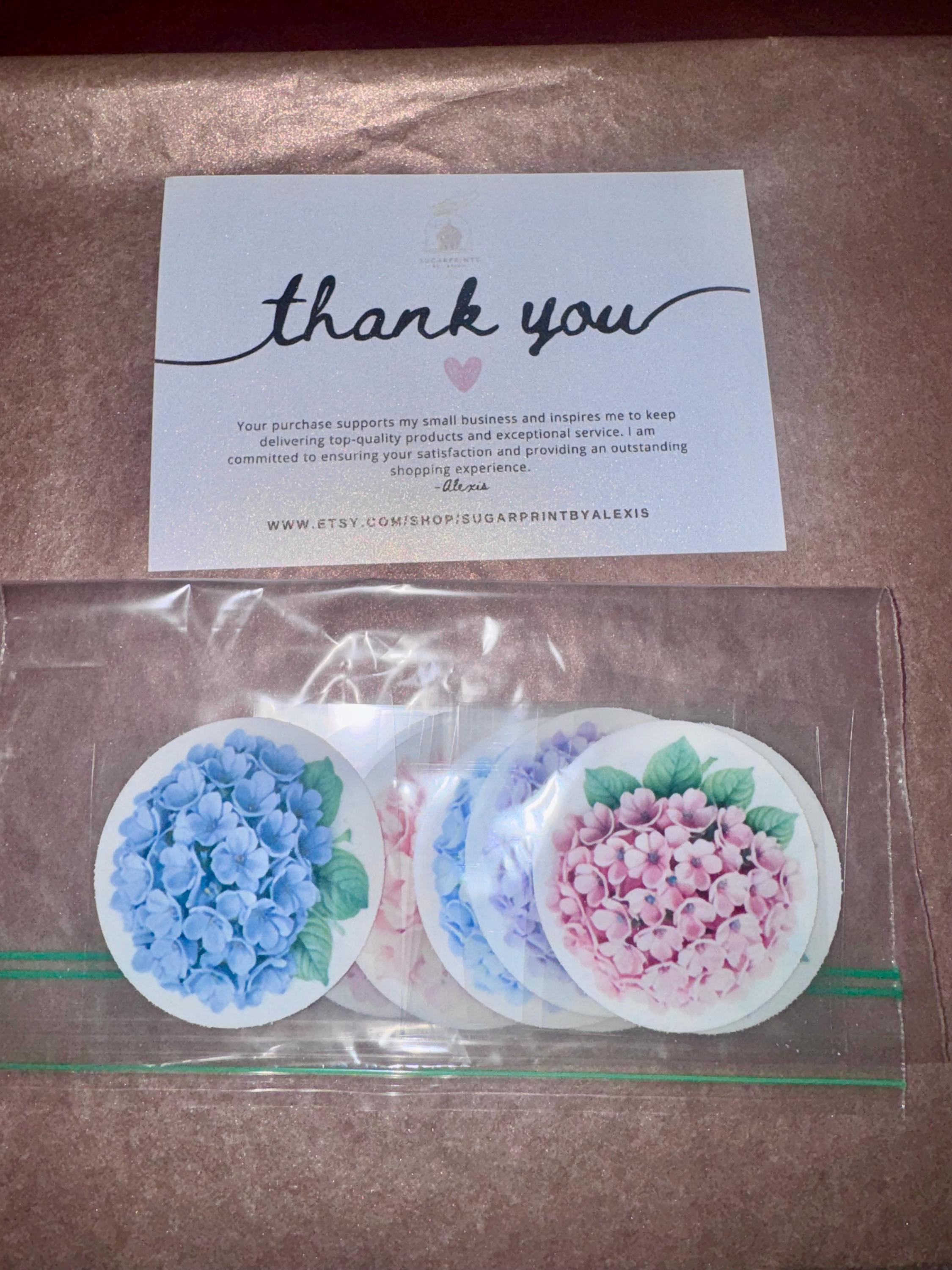 Set of 12 hydrangea watercolor cupcake toppers by SugarPrints on edible wafer paper or frosting sheet for decorated cupcakes.