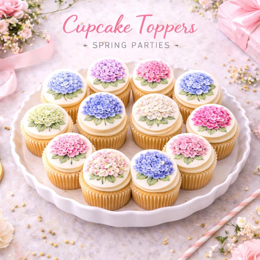 Set of 12 hydrangea watercolor cupcake toppers made of edible wafer paper or frosting sheet by SugarPrints by Alexis.