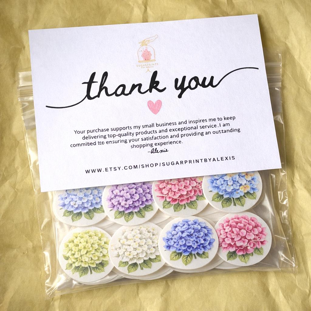 Set of 12 hydrangea watercolor cupcake toppers by SugarPrints, edible wafer paper or frosting sheet, for decorative desserts.