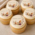 Edible Happy Fall cupcake toppers on wafer paper with autumn and pumpkin designs for Thanksgiving desserts by SugarPrints.