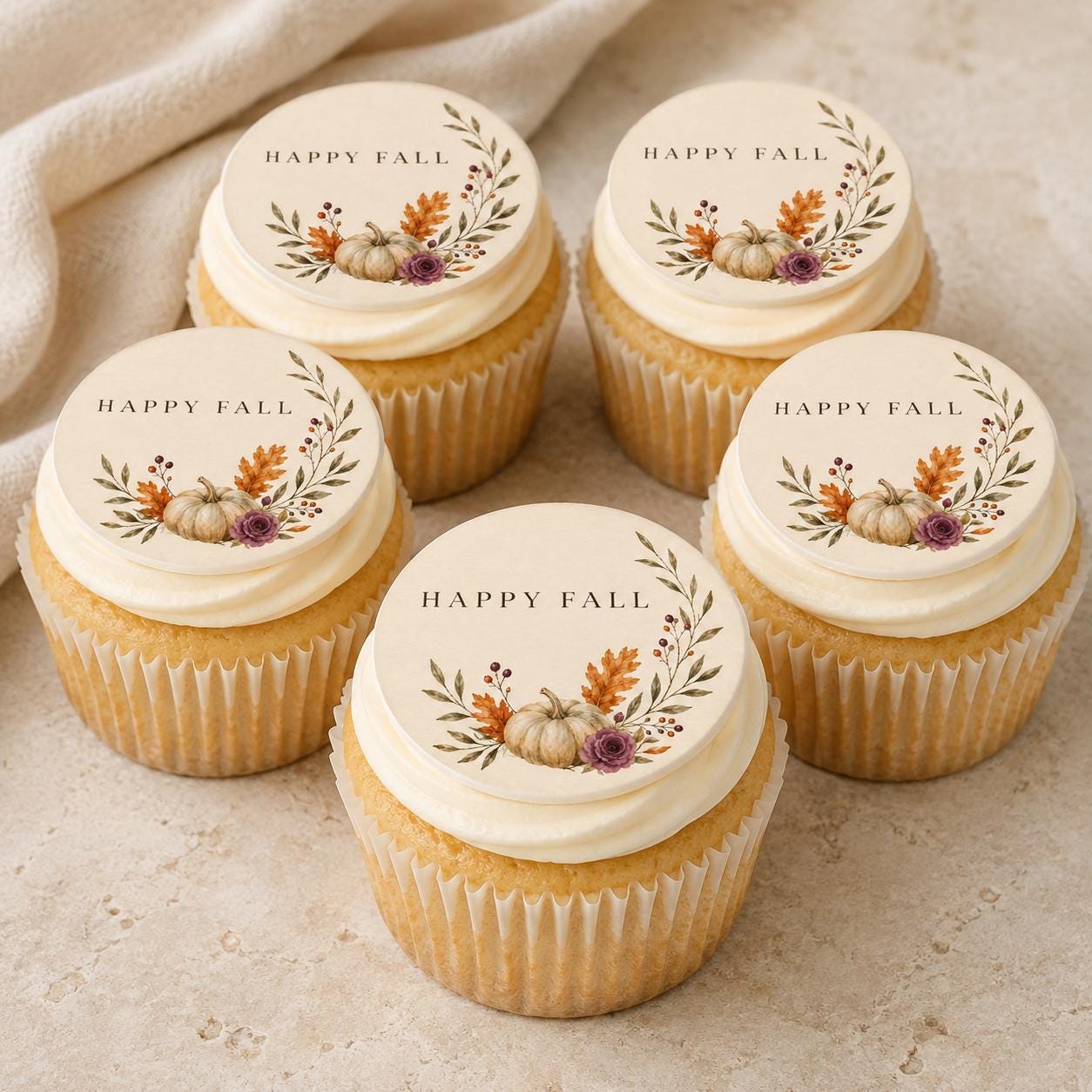Happy Fall cupcake topper by SugarPrints, featuring edible autumn-themed wafer paper with pumpkins and seasonal designs.