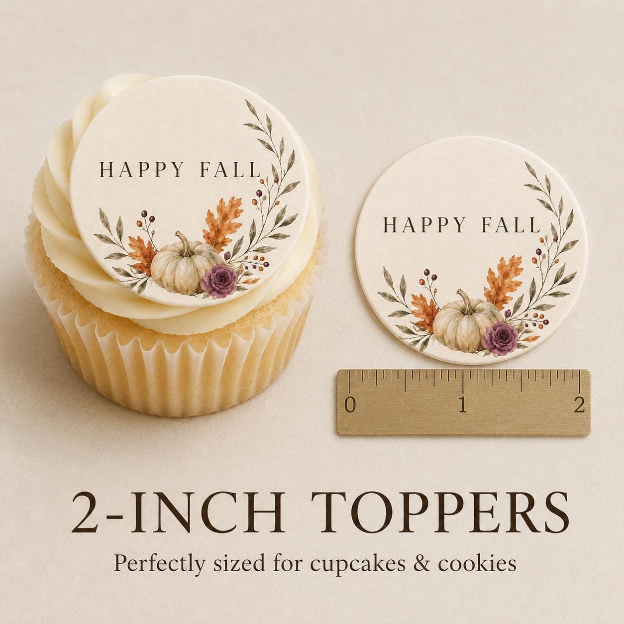 Edible Happy Fall cupcake topper with autumn pumpkin design on wafer paper, perfect for Thanksgiving cookies and cupcakes.