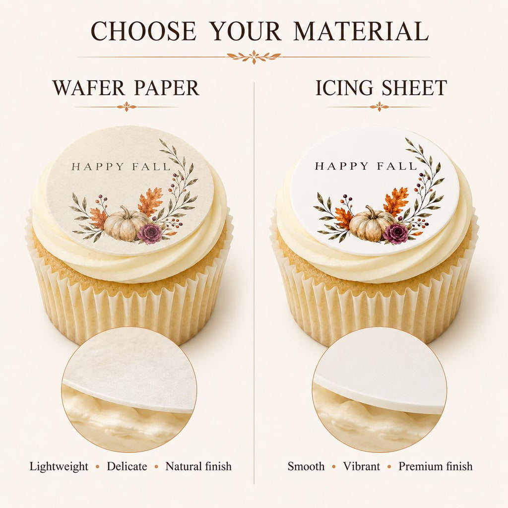 Edible Happy Fall cupcake topper with autumn pumpkin design on wafer paper for Thanksgiving desserts.
