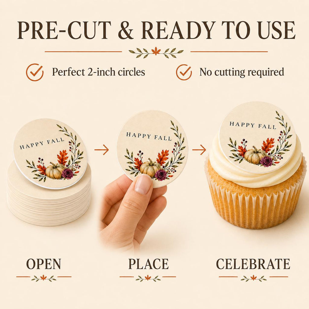 Edible Happy Fall cupcake topper with pumpkin and autumn designs on wafer paper, perfect for Thanksgiving desserts.
