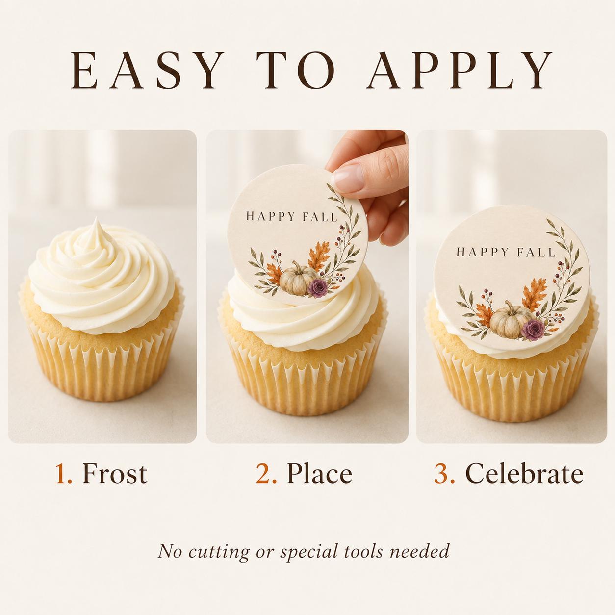 Edible Happy Fall cupcake toppers with pumpkin and autumn designs on wafer paper for Thanksgiving desserts.