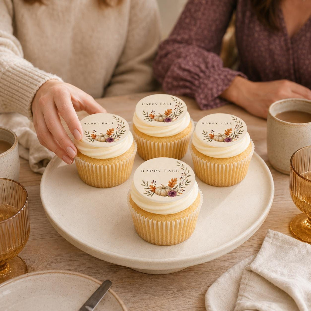 Edible Happy Fall cupcake topper with autumn pumpkin design on wafer paper for Thanksgiving desserts.