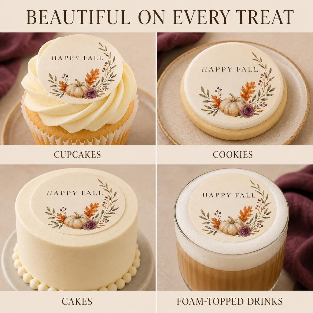 Edible Happy Fall cupcake toppers and autumn cookie decorations on wafer paper for Thanksgiving by SugarPrints by Alexis