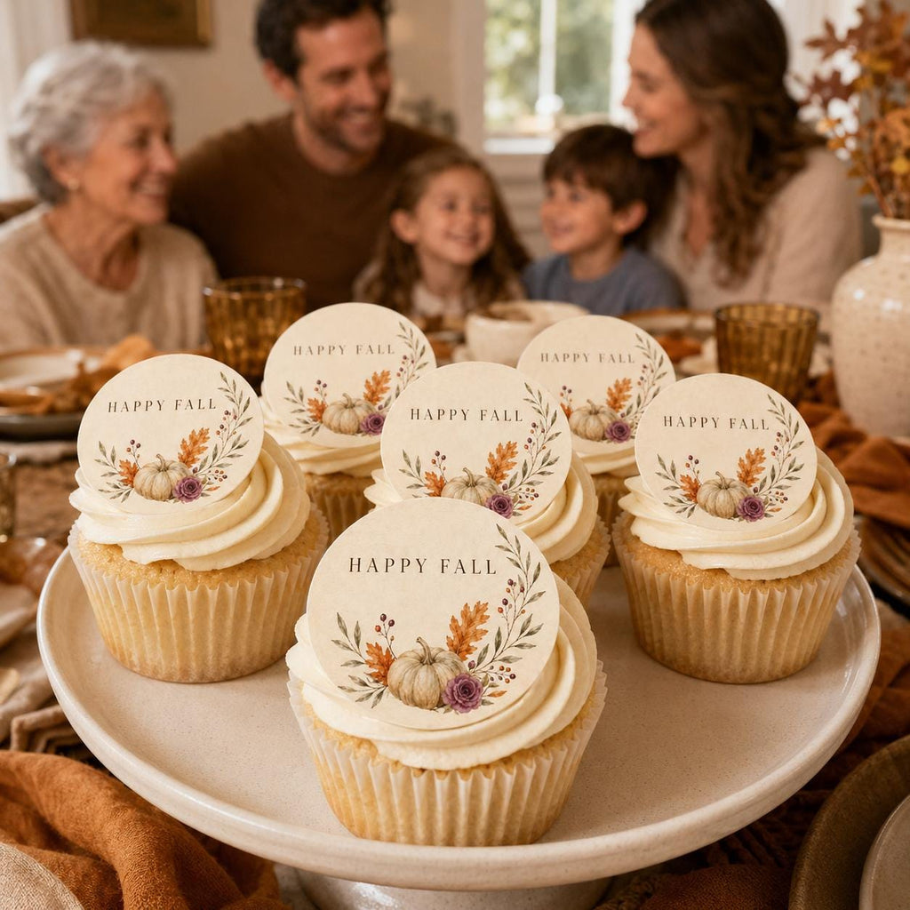 Happy Fall cupcake toppers by SugarPrints, edible autumn cookie decorations with pumpkin designs on wafer paper.