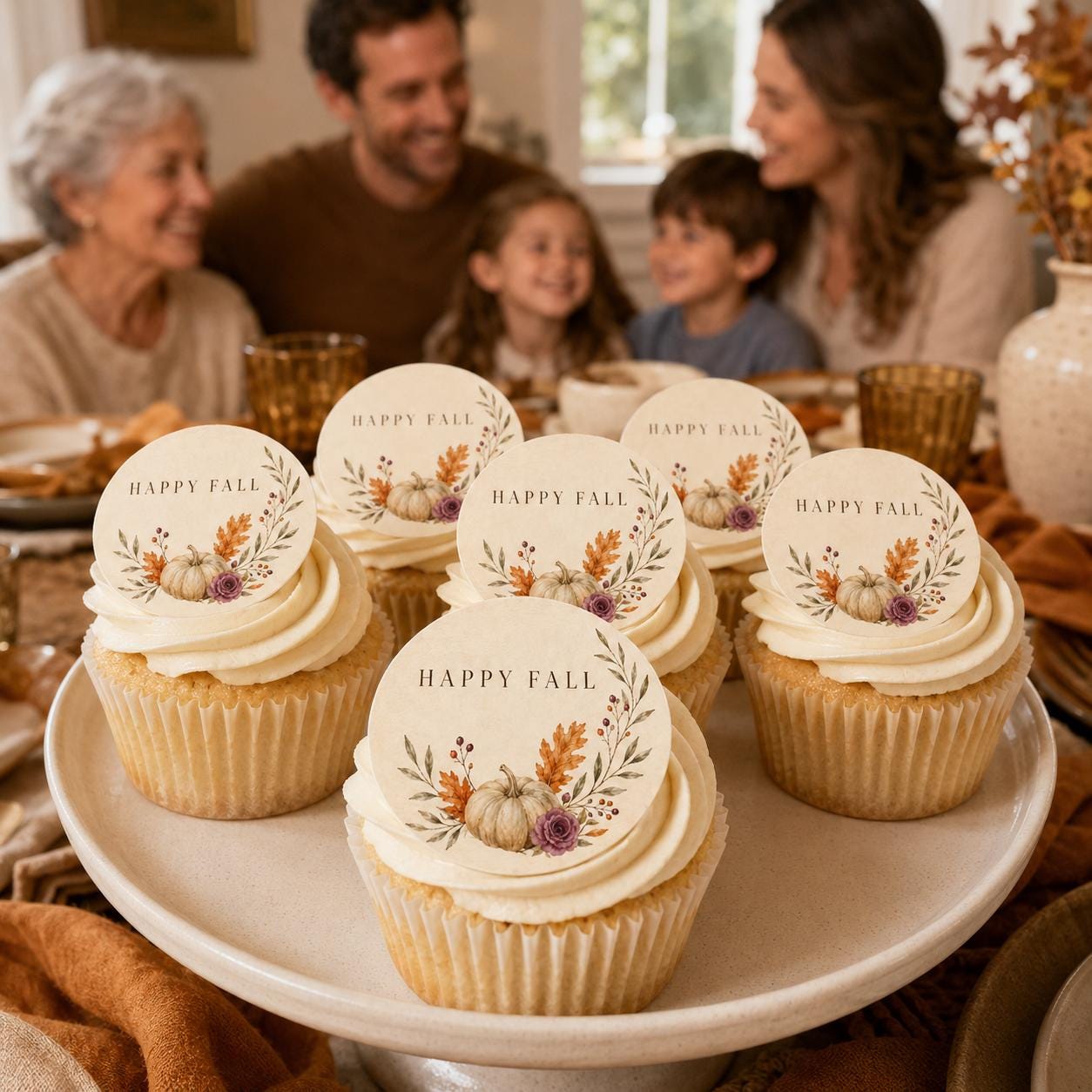 Happy Fall cupcake toppers by SugarPrints, edible autumn cookie decorations with pumpkin designs on wafer paper.