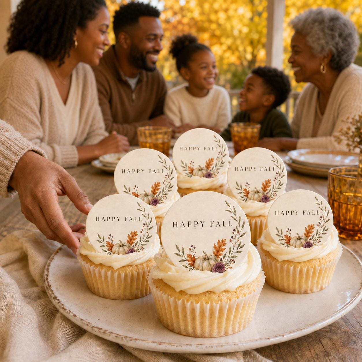 Edible autumn cupcake toppers featuring pumpkins and fall designs on wafer paper for Thanksgiving desserts.