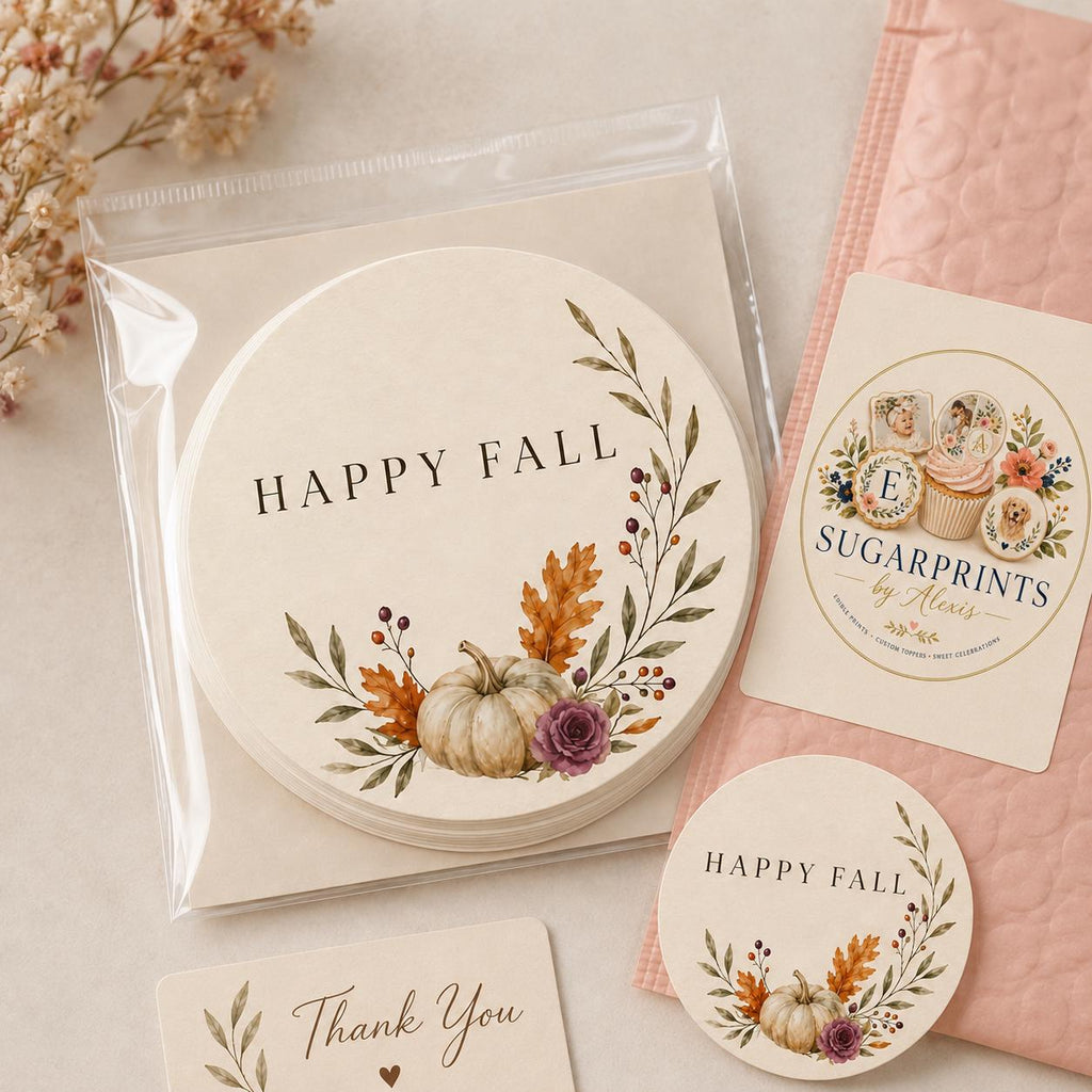 Edible Happy Fall cupcake toppers with autumn pumpkin designs on wafer paper, perfect for Thanksgiving treats.