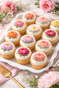Set of 12 edible cupcake toppers featuring pink peony floral wafer paper by SugarPrints for decorating cupcakes.
