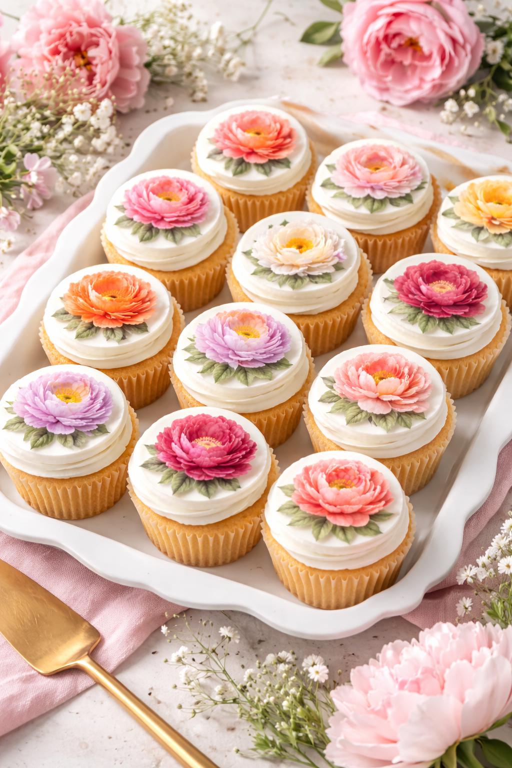Set of 12 edible cupcake toppers featuring pink peony floral wafer paper by SugarPrints for decorating cupcakes.