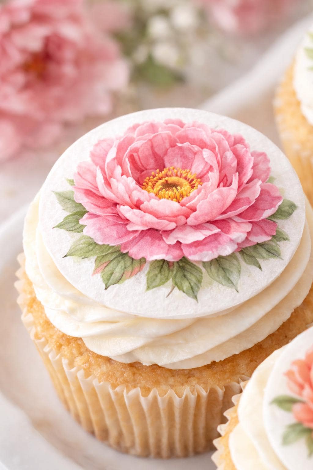 Set of 12 peony floral cupcake topper sheets by SugarPrints, featuring edible wafer paper for decorating cupcakes.