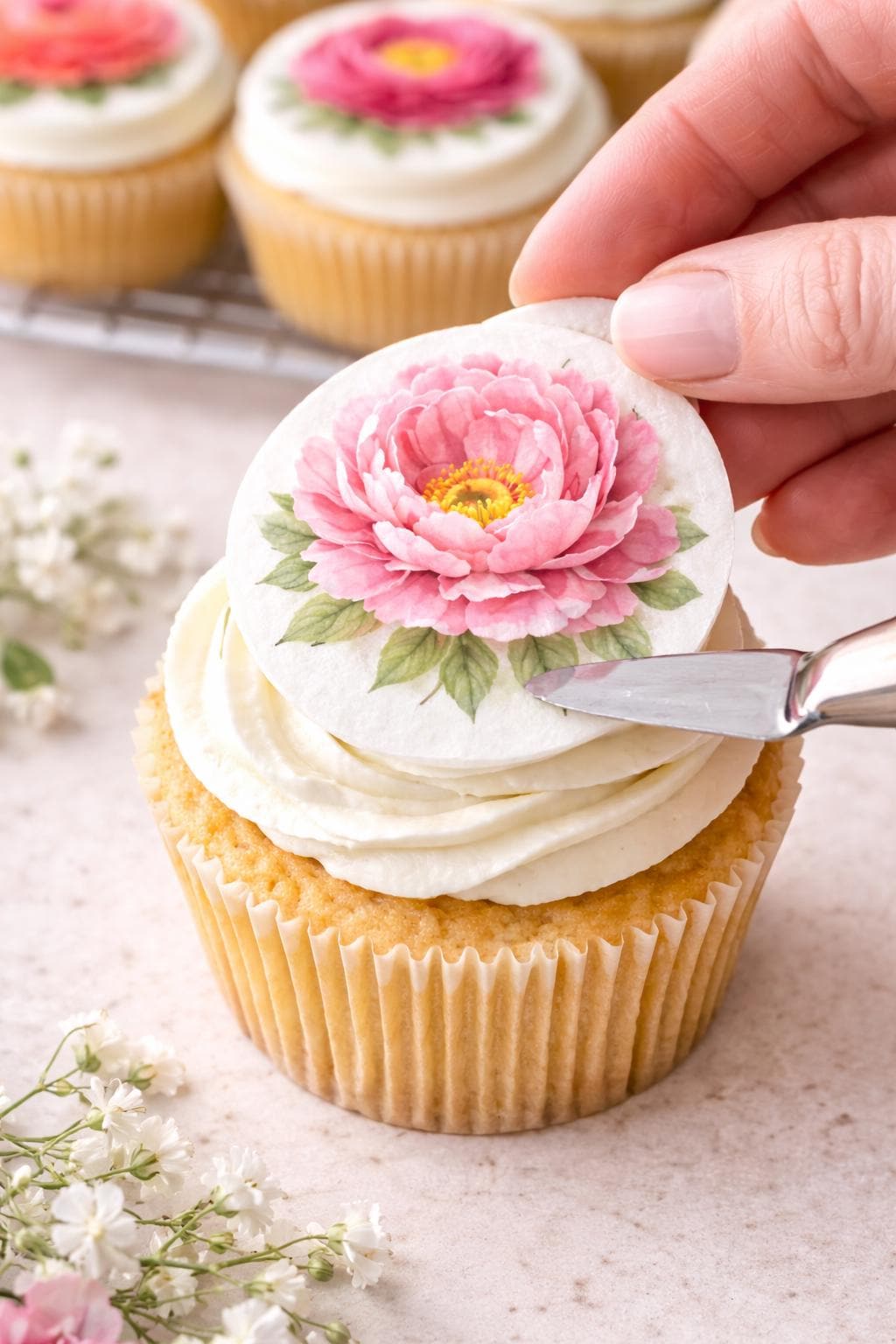 Set of 12 edible cupcake toppers with pink peony floral wafer paper, perfect for decorating cupcakes and frosting.