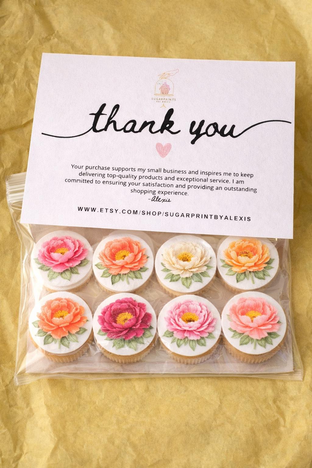 Set of 12 edible peony floral cupcake toppers made of wafer paper, ideal for decorating cupcakes with natural floral designs.