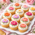 Set of 12 Peony floral cupcake toppers by SugarPrints on edible wafer paper or icing sheet, perfect for decorating cupcakes.