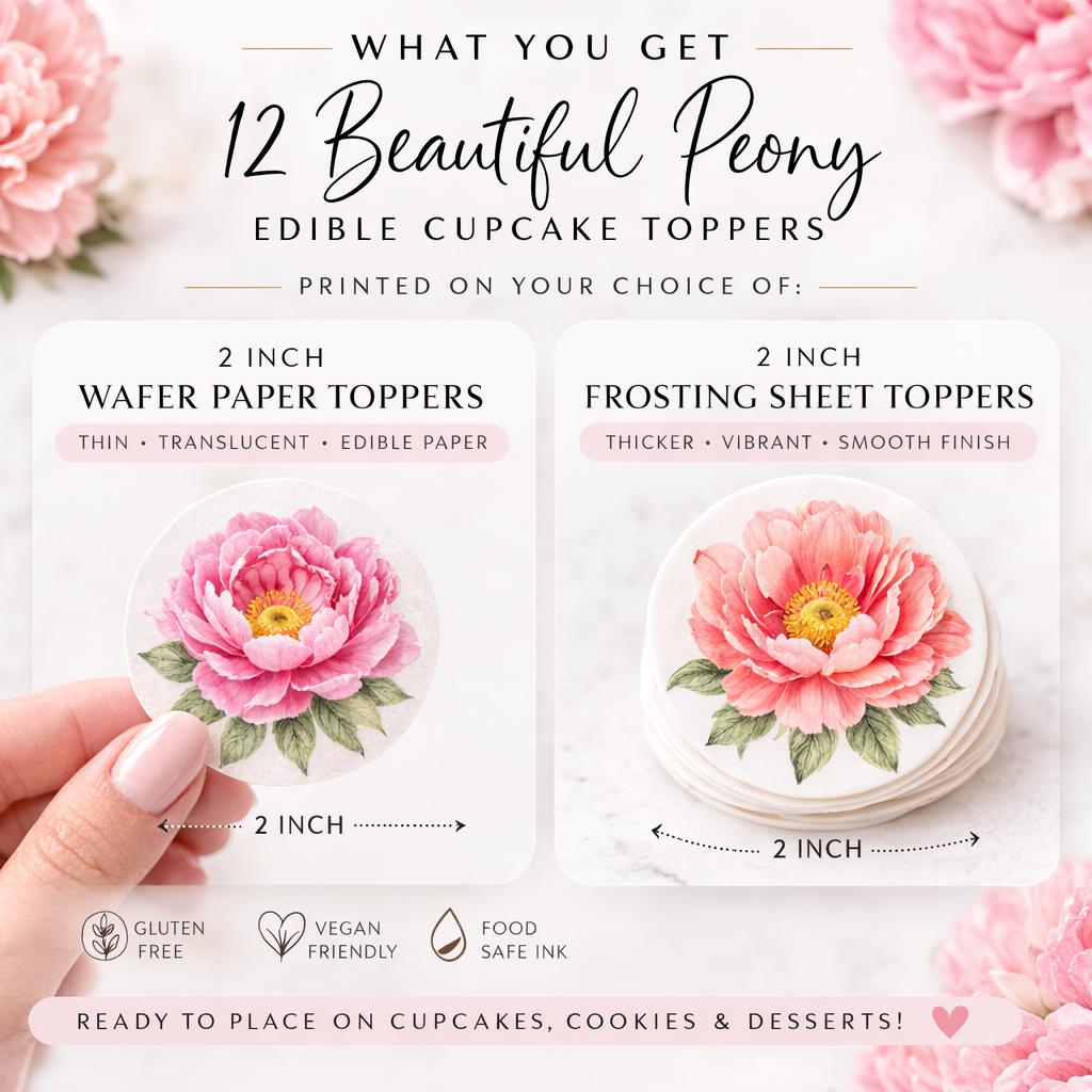 Set of 12 peony floral cupcake toppers by SugarPrints on edible wafer paper or icing sheet, perfect for decorating cupcakes.