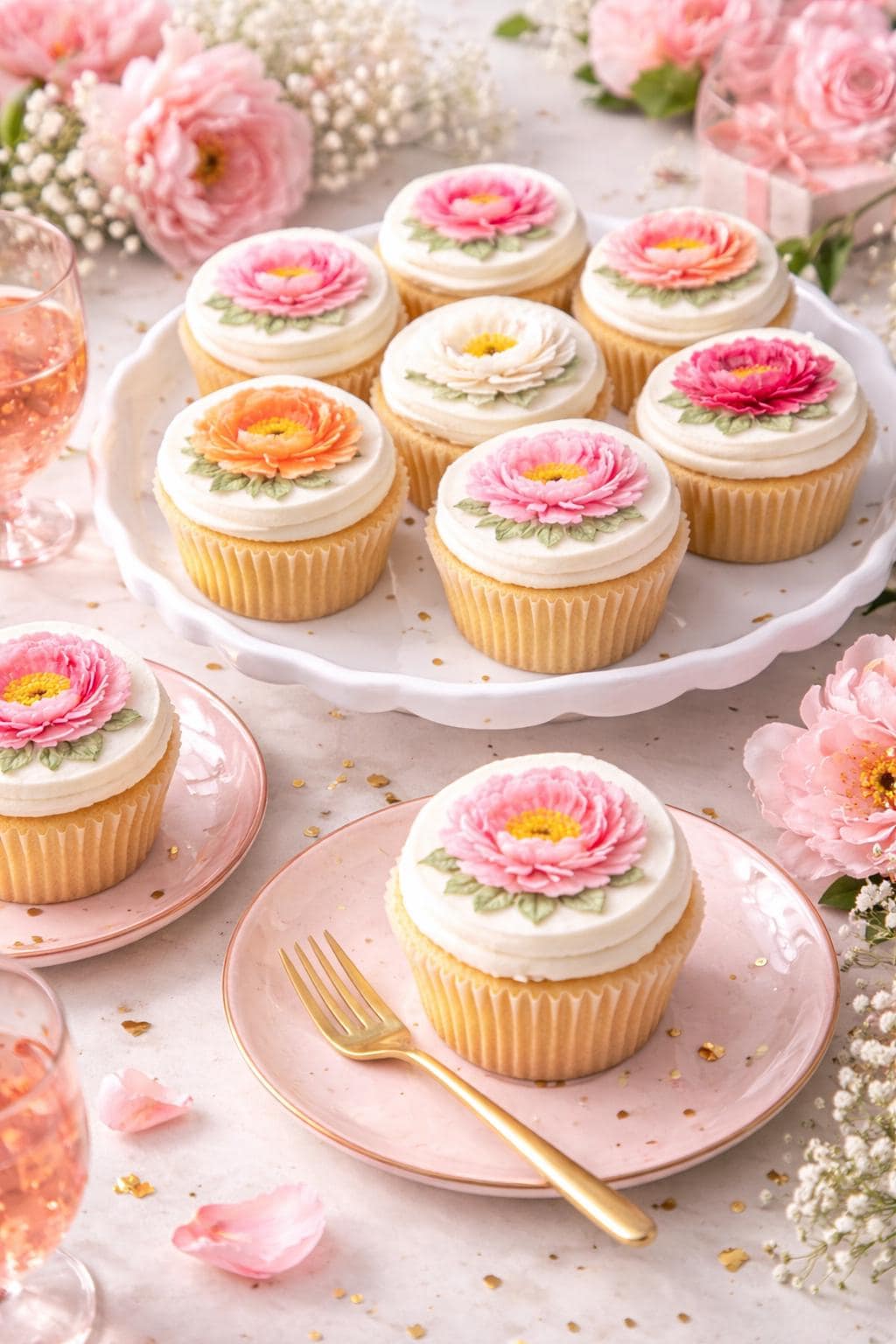Set of 12 peony floral cupcake toppers by SugarPrints on edible wafer paper or icing sheet, perfect for decorating cupcakes.