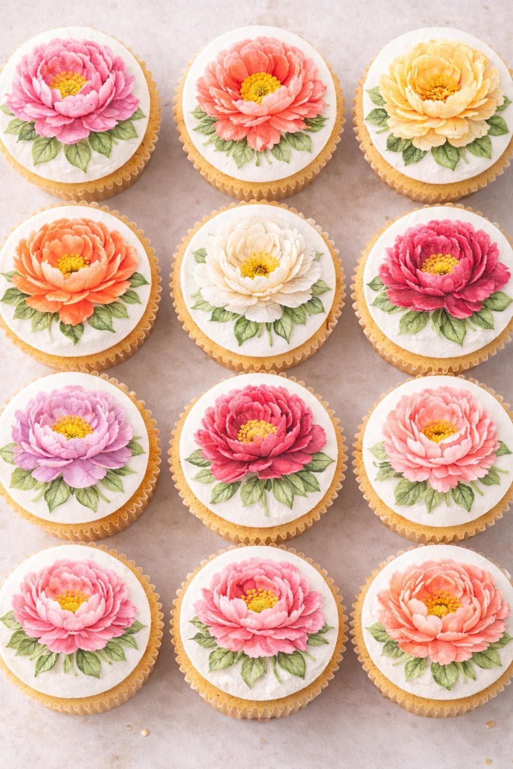 Set of 12 peony floral cupcake toppers by SugarPrints on edible wafer paper, perfect for decorating cupcakes.