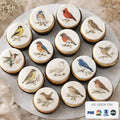Set of 12 vintage botanical bird cupcake toppers made from edible wafer paper by SugarPrints for decorative baked goods.