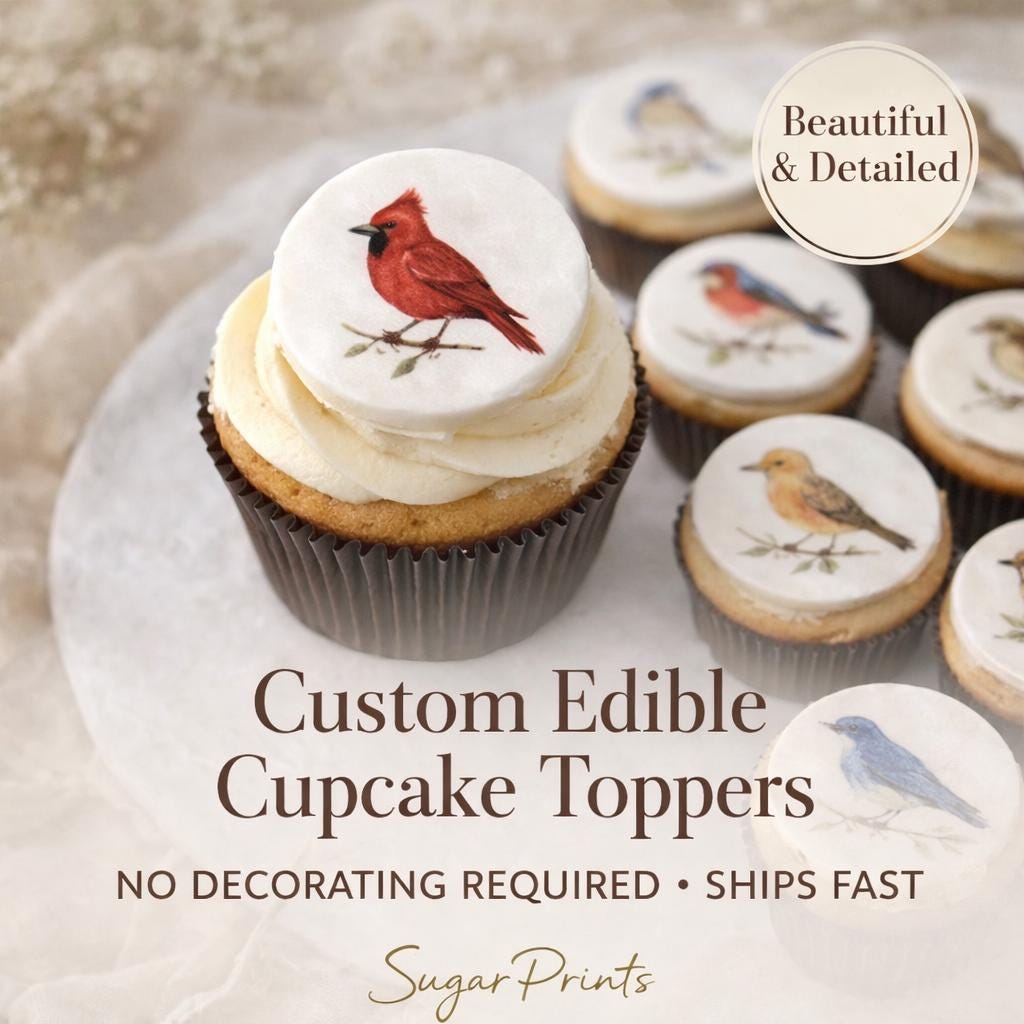 Set of 12 vintage botanical bird cupcake toppers made from edible watercolor wafer paper by SugarPrints by Alexis.