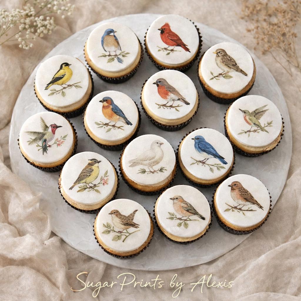 Set of 12 vintage botanical bird cupcake toppers made of edible watercolor wafer paper by SugarPrints for decorative desserts.