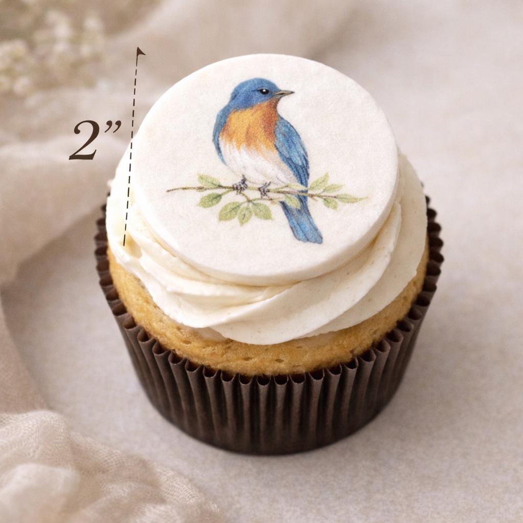 Vintage botanical bird cupcake toppers made of edible watercolor wafer paper from SugarPrints by Alexis, set of 12.