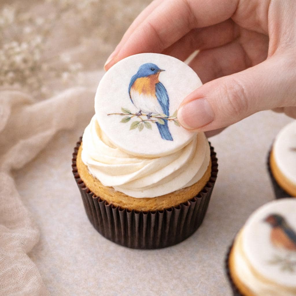 Set of 12 vintage botanical bird cupcake toppers on edible wafer paper, colorful watercolor designs for decorative cupcakes.