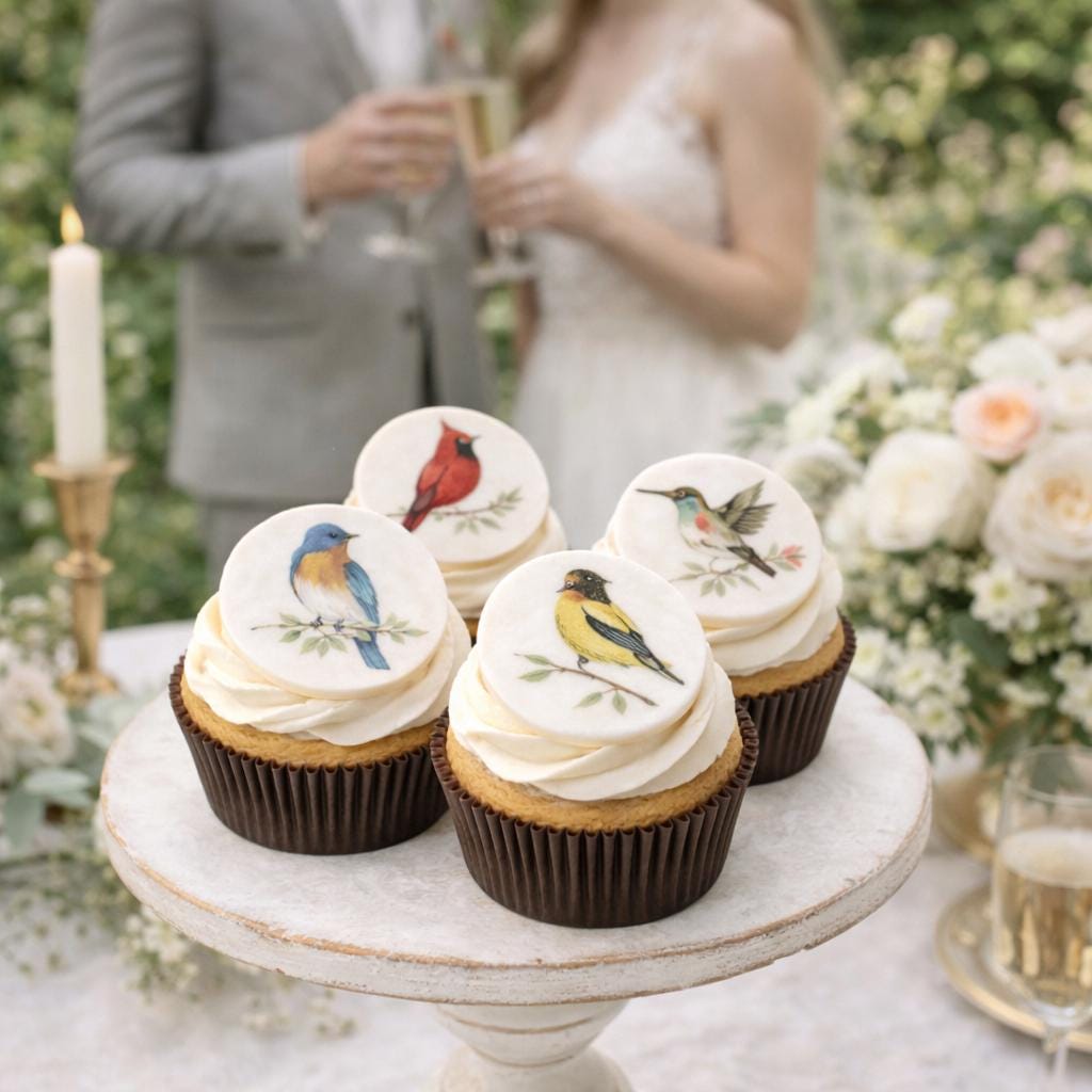 Set of 12 vintage botanical bird cupcake toppers on edible wafer paper by SugarPrints, featuring watercolor floral designs.