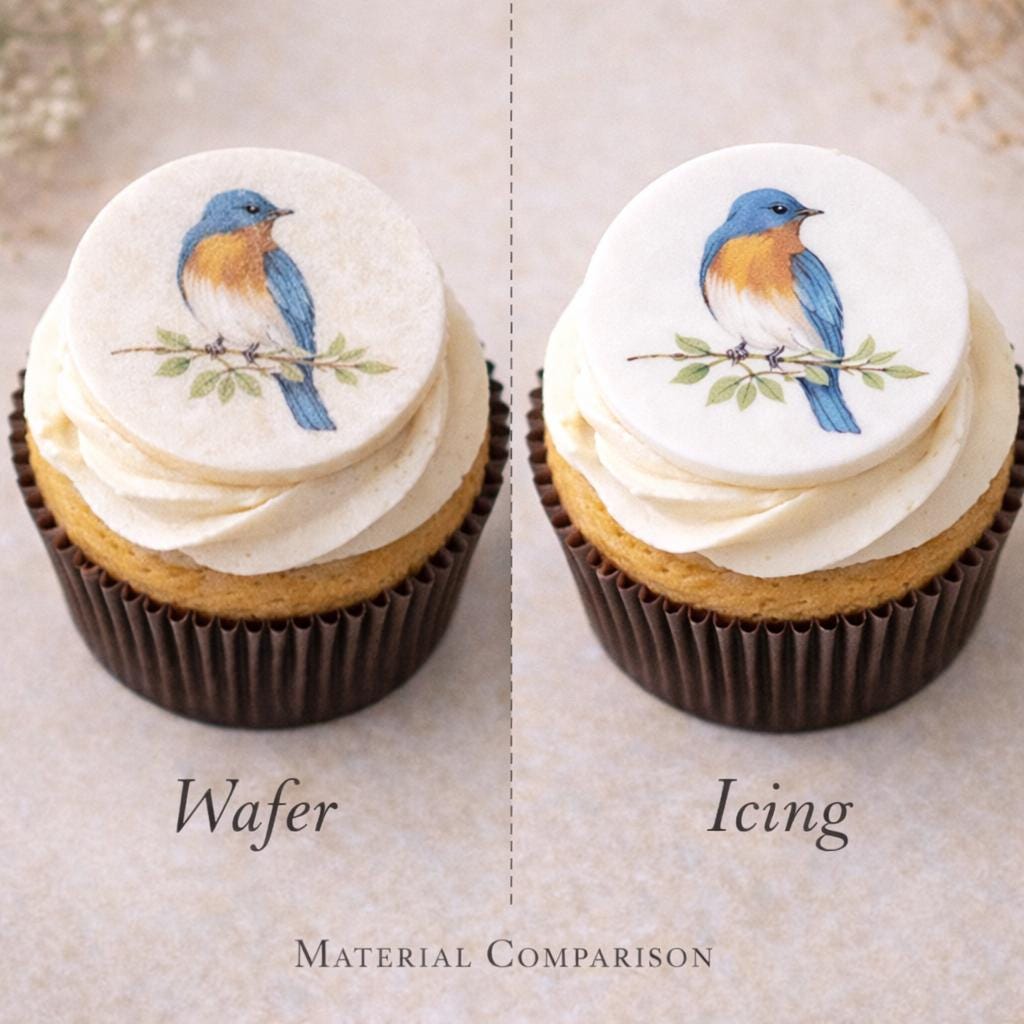 Set of 12 vintage botanical bird cupcake toppers made of edible wafer paper, featuring watercolor floral and bird designs.