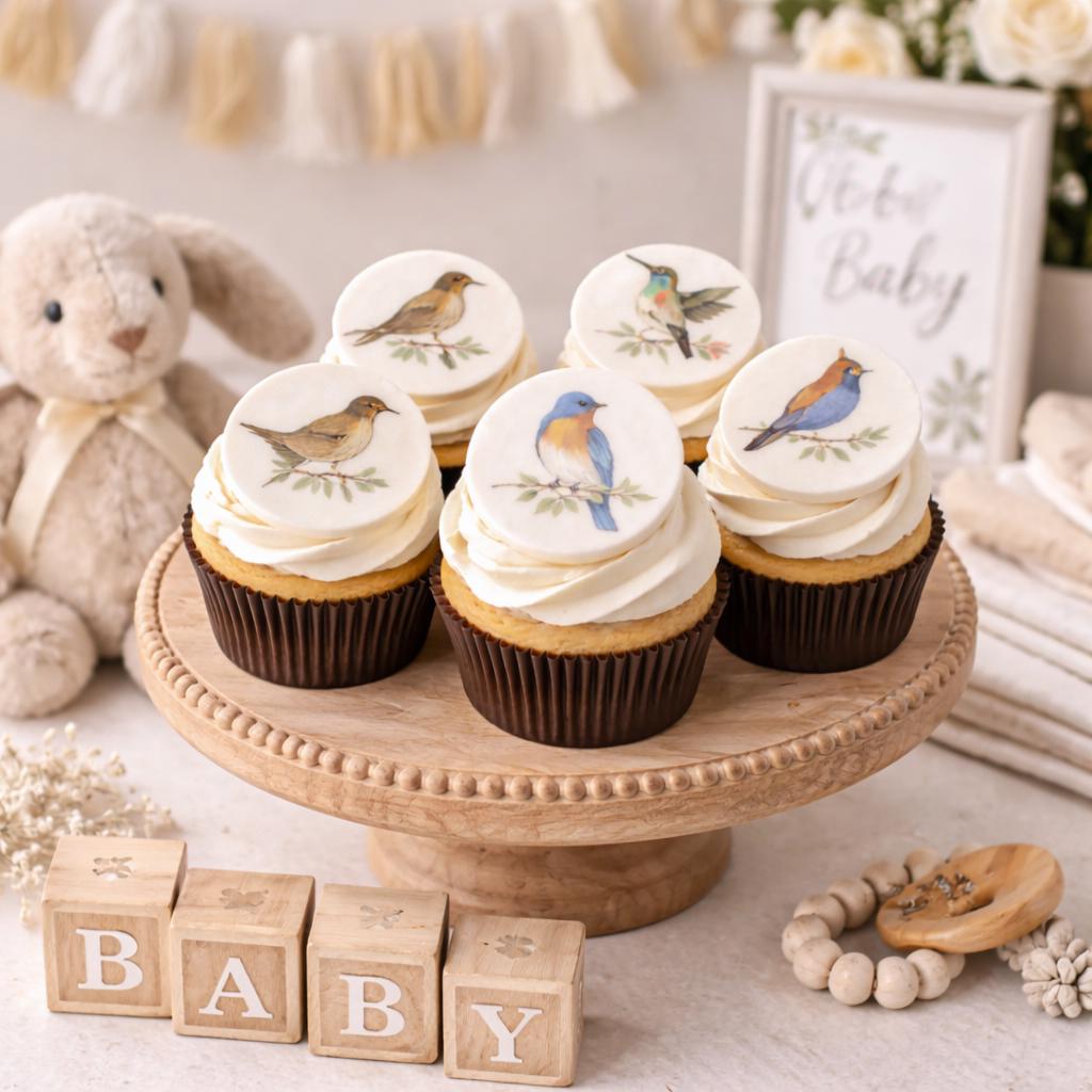 Set of 12 vintage botanical bird cupcake toppers on edible wafer paper by SugarPrints, featuring watercolor bird and plant designs.