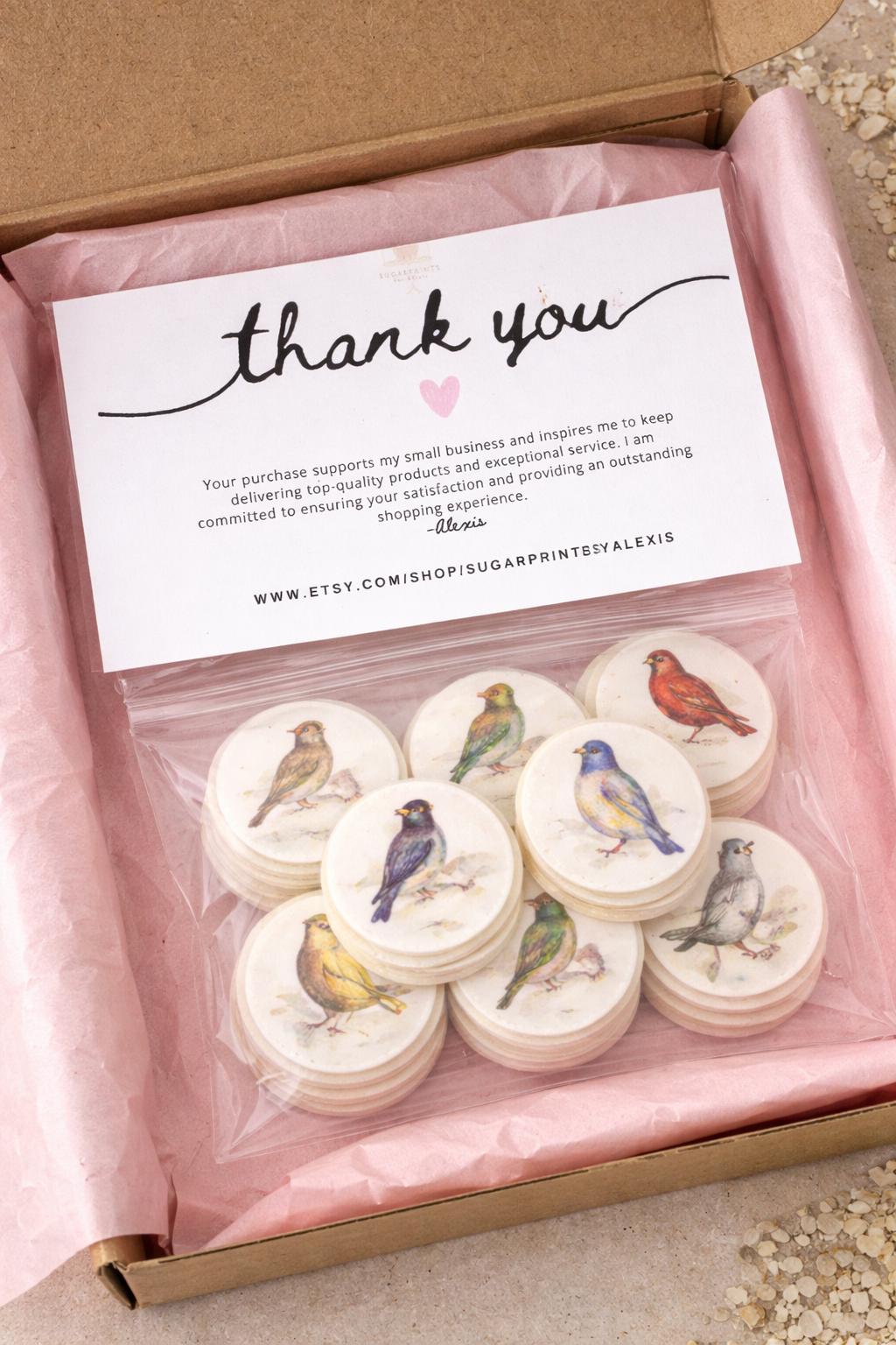 Set of 12 vintage botanical bird cupcake toppers on edible wafer paper, designed for decorating cupcakes with a watercolor style.