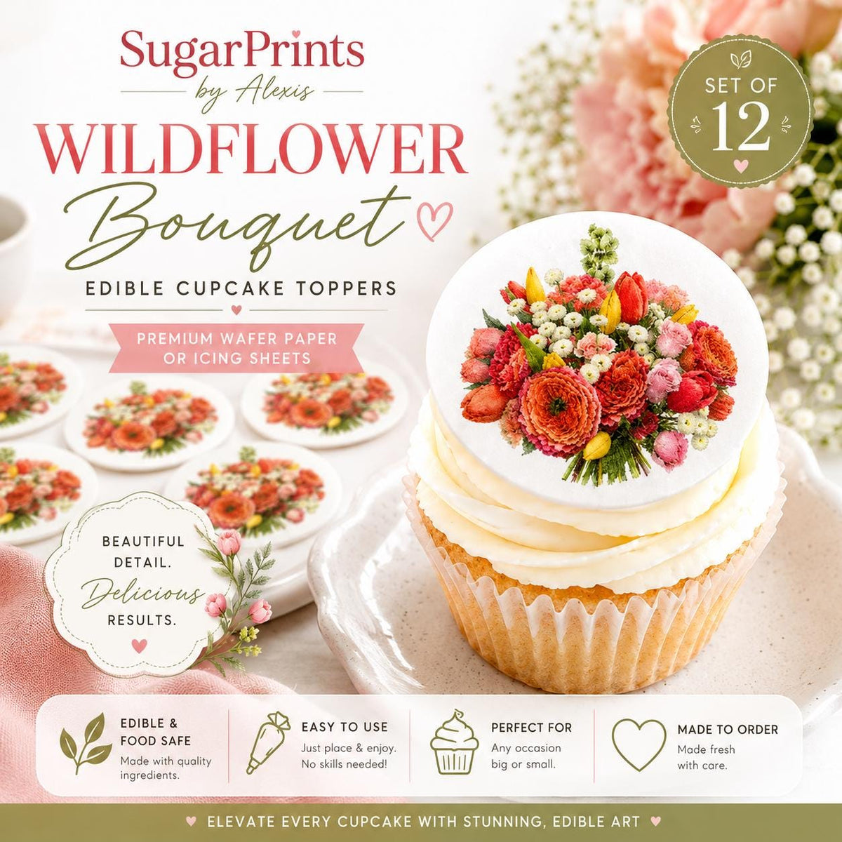 Wildflower watercolor bouquet cupcake topper by SugarPrints, featuring edible floral wafer paper decorations for desserts.